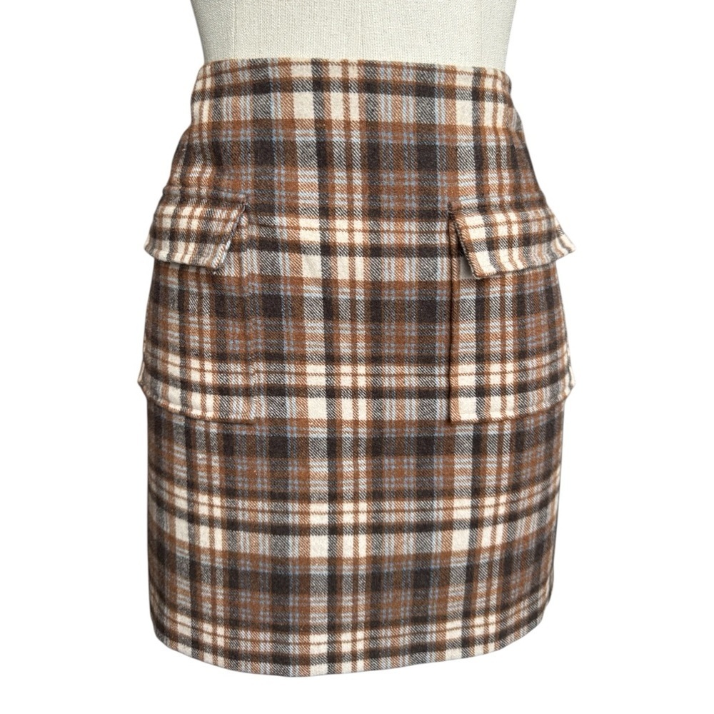 Reformation Janis Mini Skirt in Brown Plaid Wool Blend Size: 12 - Picture 3 of 9